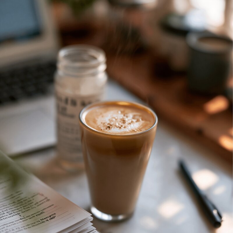 Iced coffee on a creative work desk